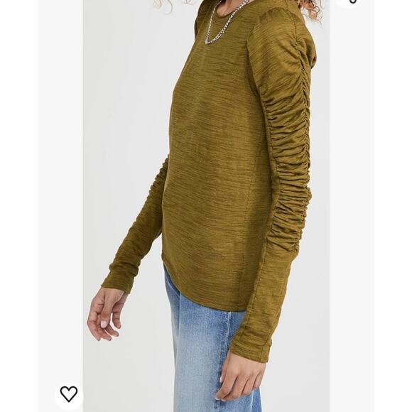 Free People Natasha Tee Women's XS Olive Green Slub Jersey Ruched Sleeve Boho - Picture 5 of 14